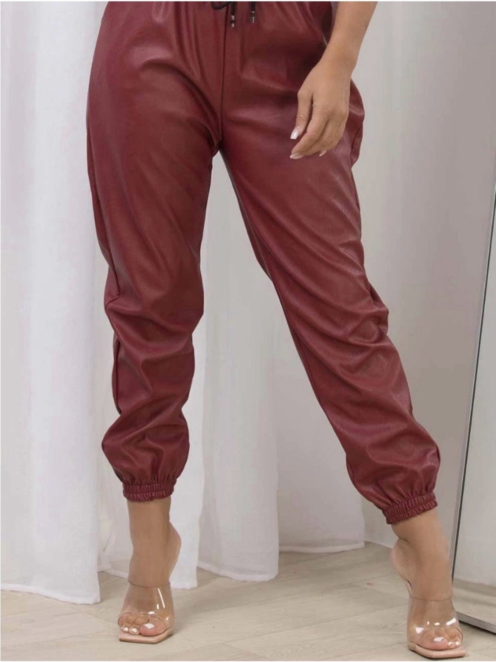 Zara women Red Faux Leather Joggers with Elastic Waist size M NWOT